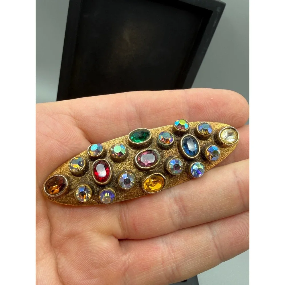 Vintage Art Deco Style Brooch 1950s Multi Color Rhinestones Gold Tone #1057